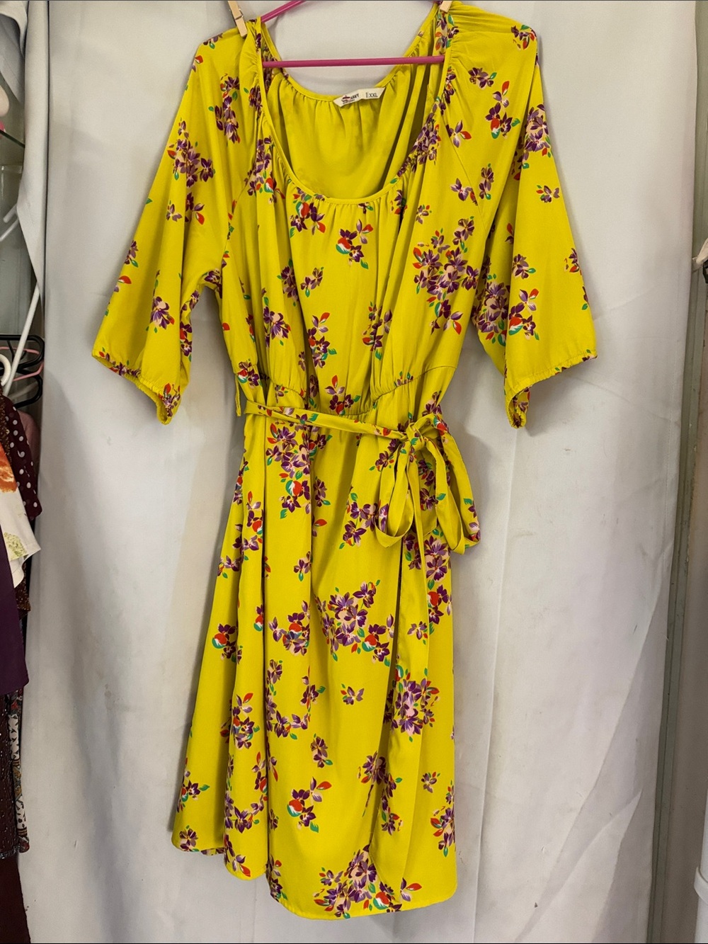 Old Navy Yellow Floral Midi Dress with Tie Waist